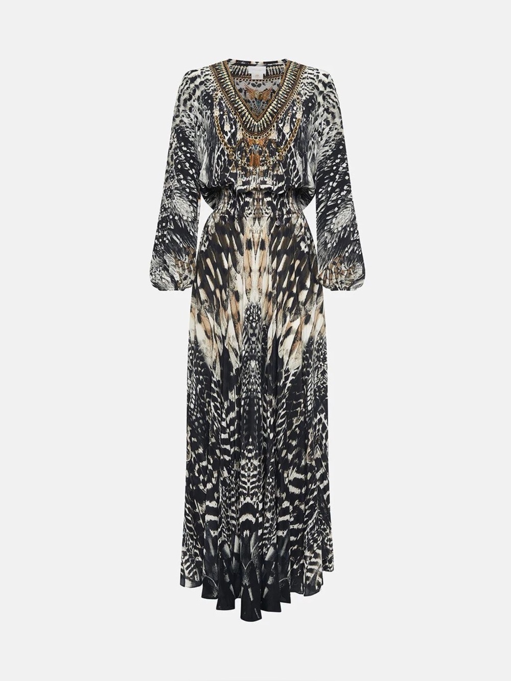 CAMILLA Night Owl 100% Silk Embellished Shirred Maxi Dress Size L